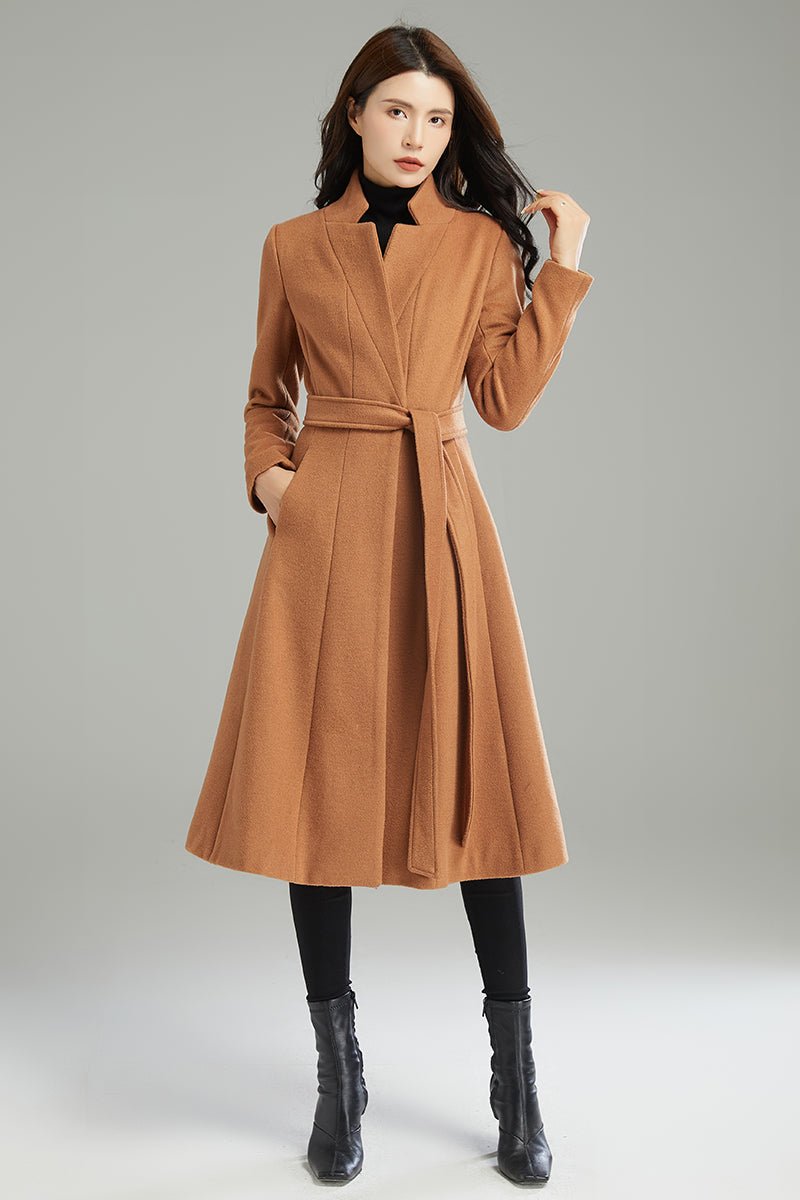 Rust Wool Wrap Coat Over a Velvet Midi Dress