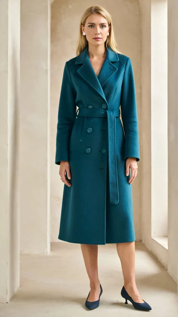 Teal Wool Wrap Coat Over a Satin Midi Dress