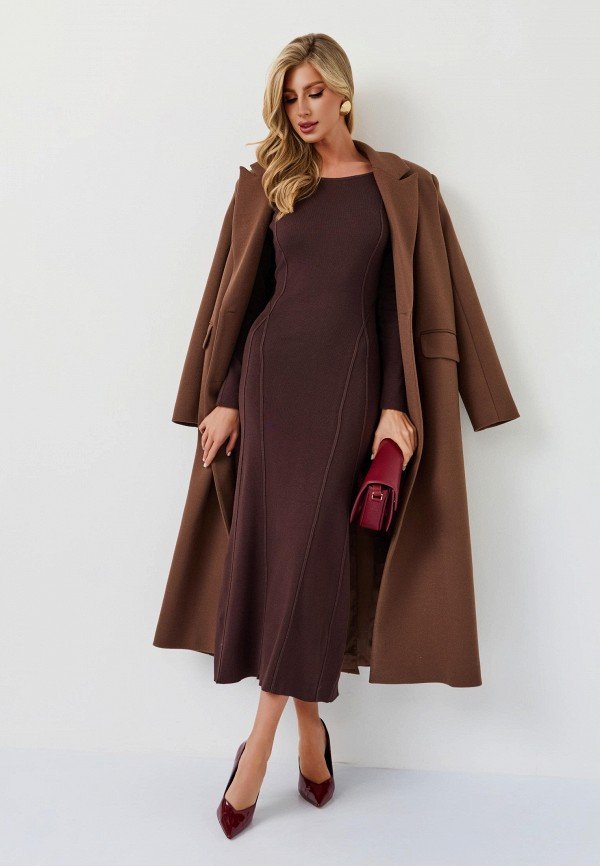 Chocolate brown Wool Wrap Coat Over a Knit Midi Dress