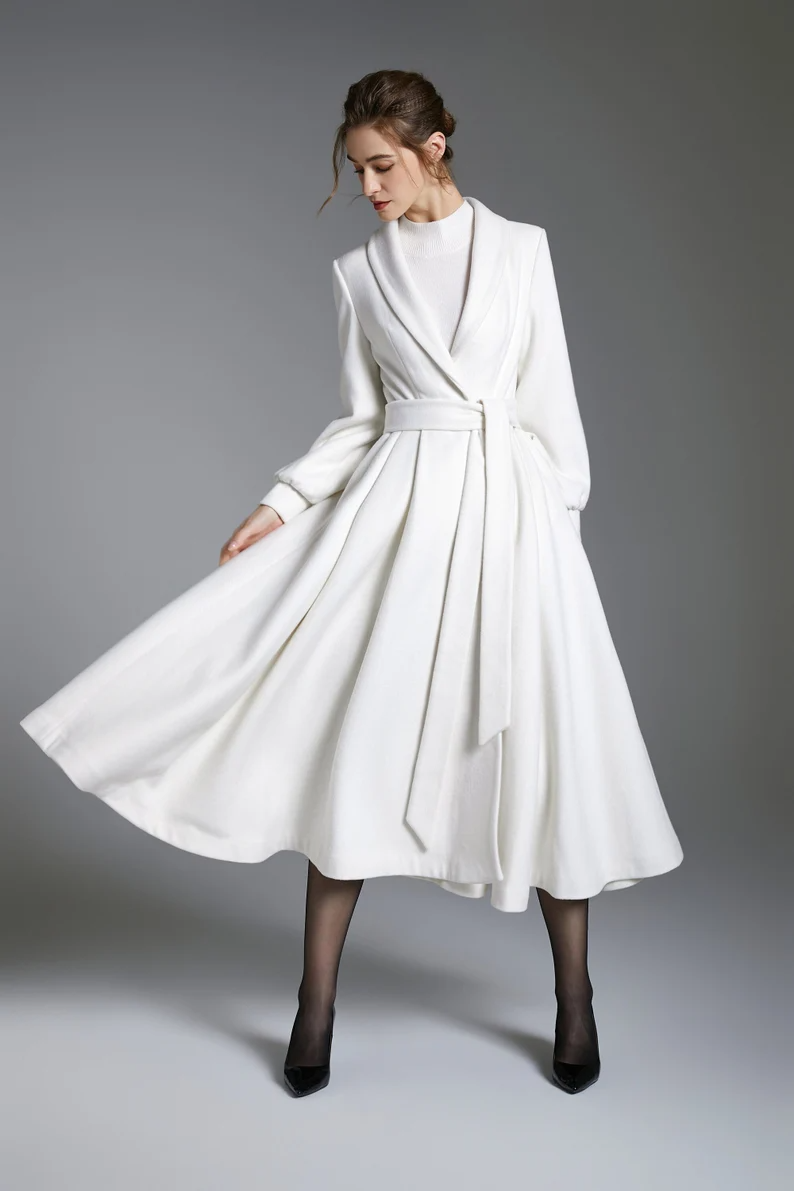 Pearl white Wool Wrap Coat Over a Lace Midi Dress