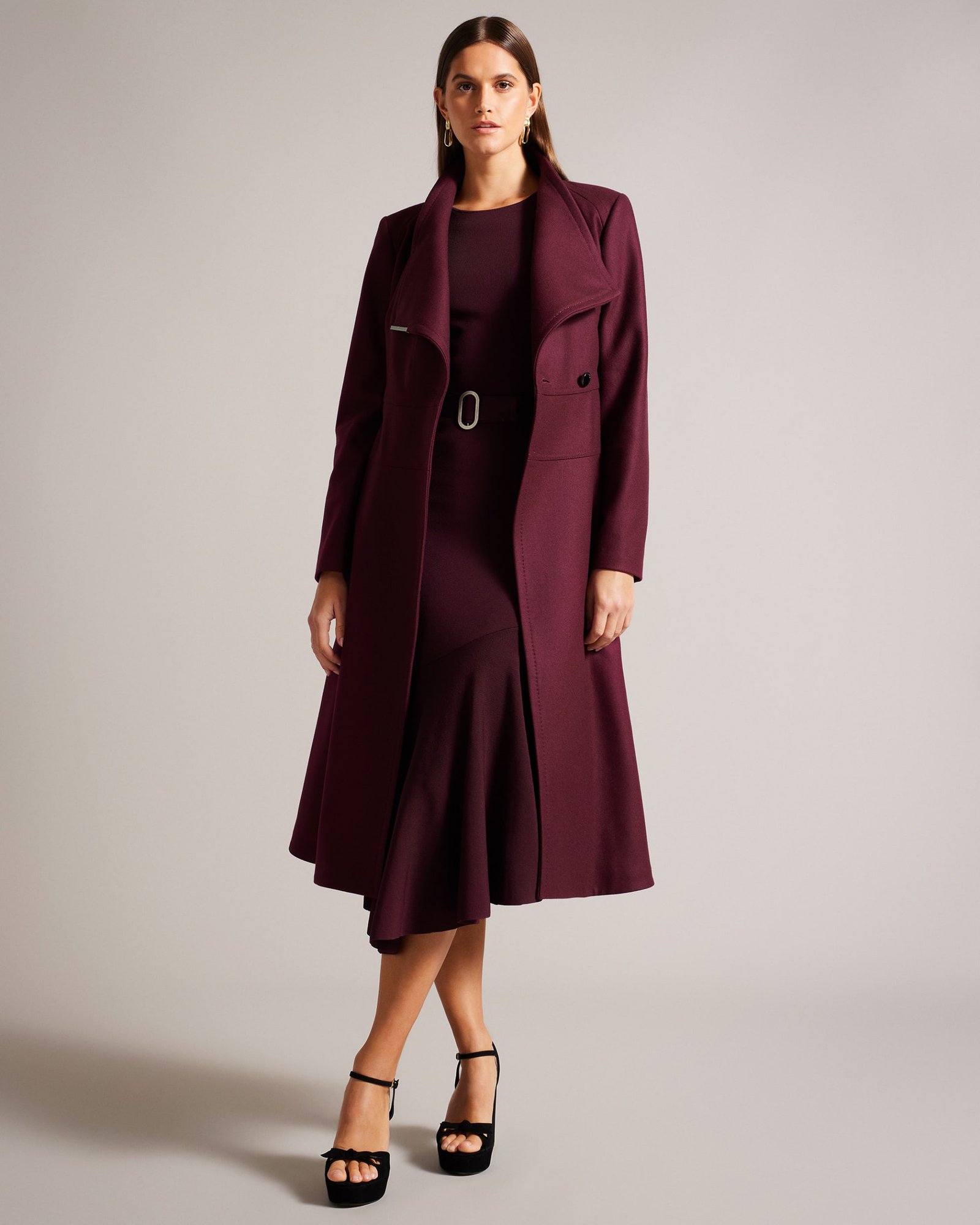 Berry Wool Wrap Coat Over a Velvet Midi Dress