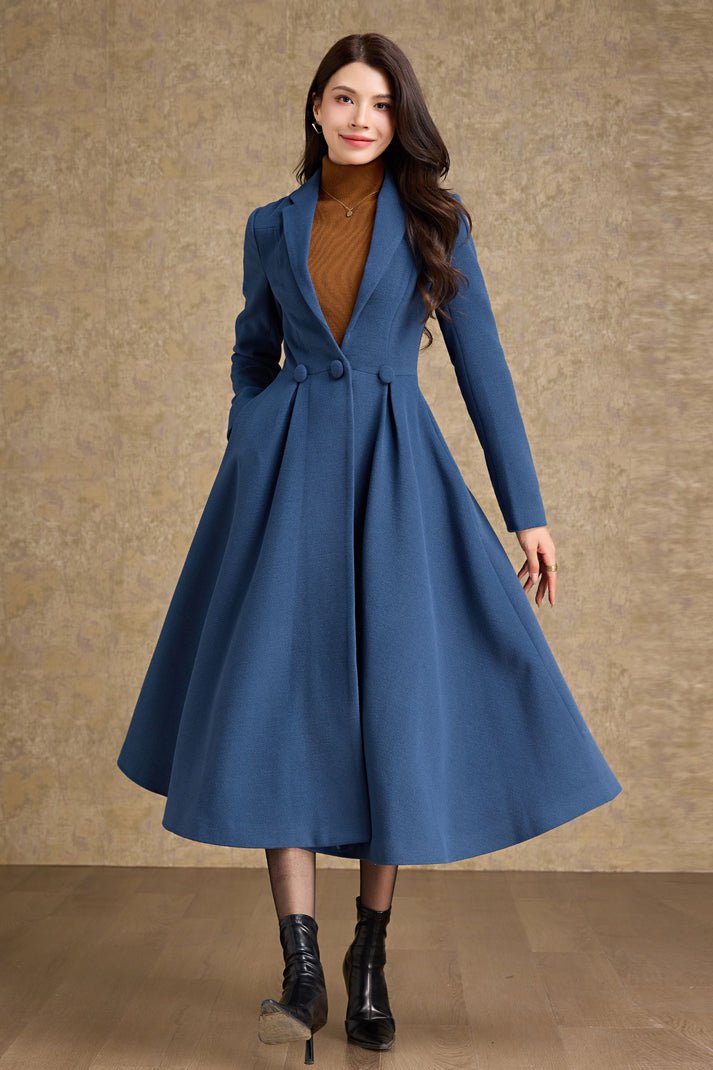 Slate blue Wool Wrap Coat Over a Pleated Midi Dress