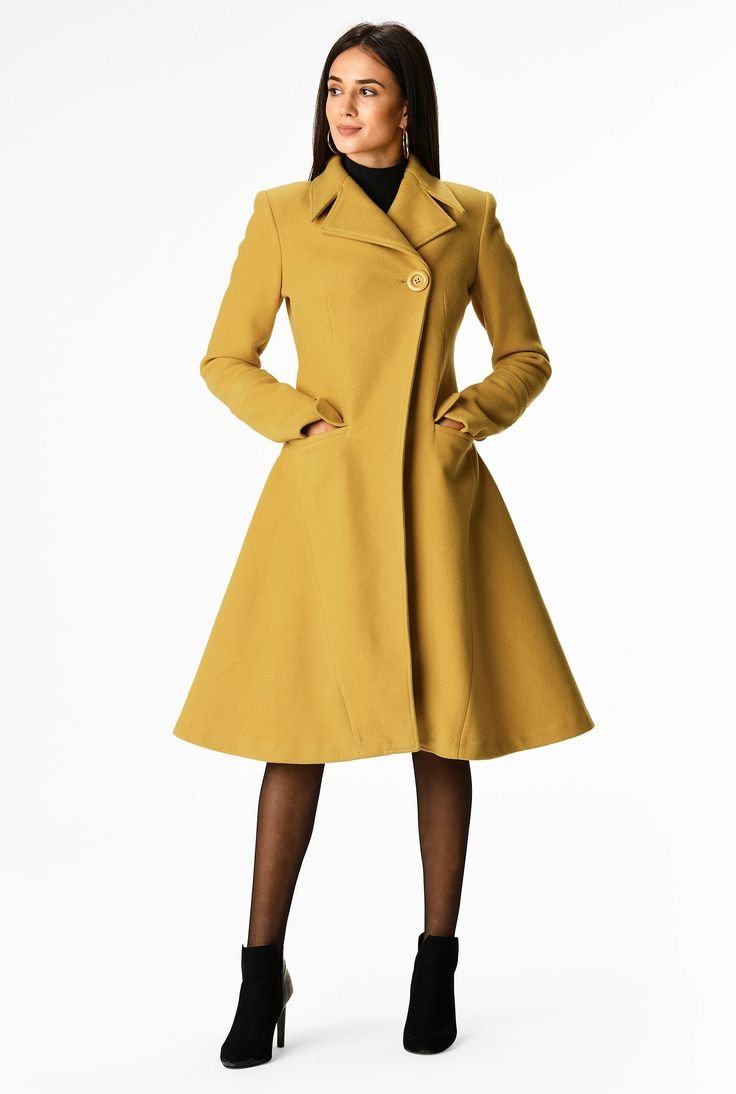 Mustard Wool Wrap Coat Over a Knit Midi Dress