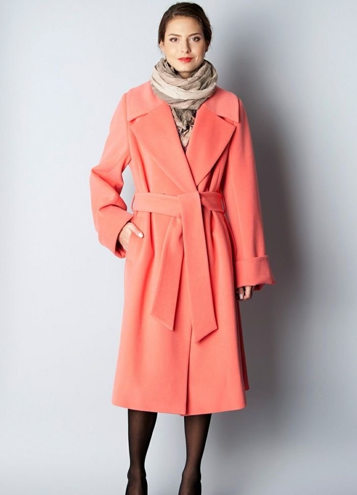 Coral Wool Wrap Coat Over a Chiffon Midi Dress