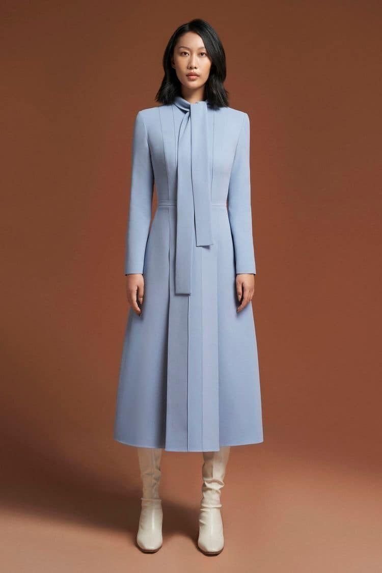 Ice blue Wool Wrap Coat Over a Chiffon Midi Dress
