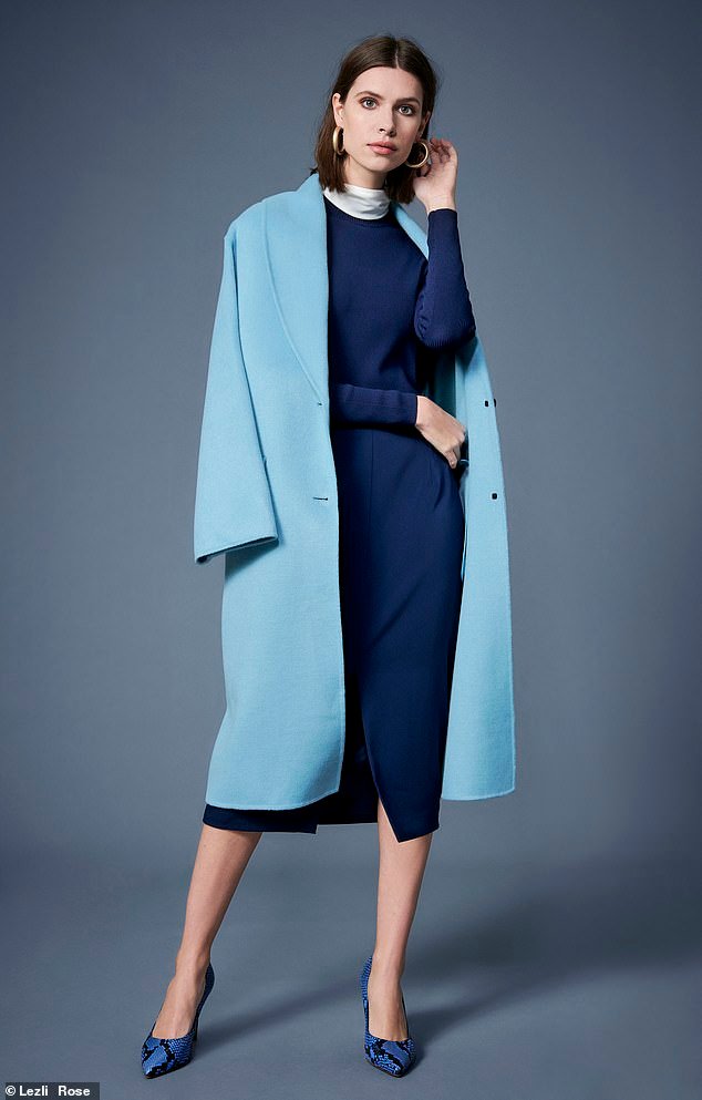 Dusty blue Wool Wrap Coat Over a Pleated Midi Dress