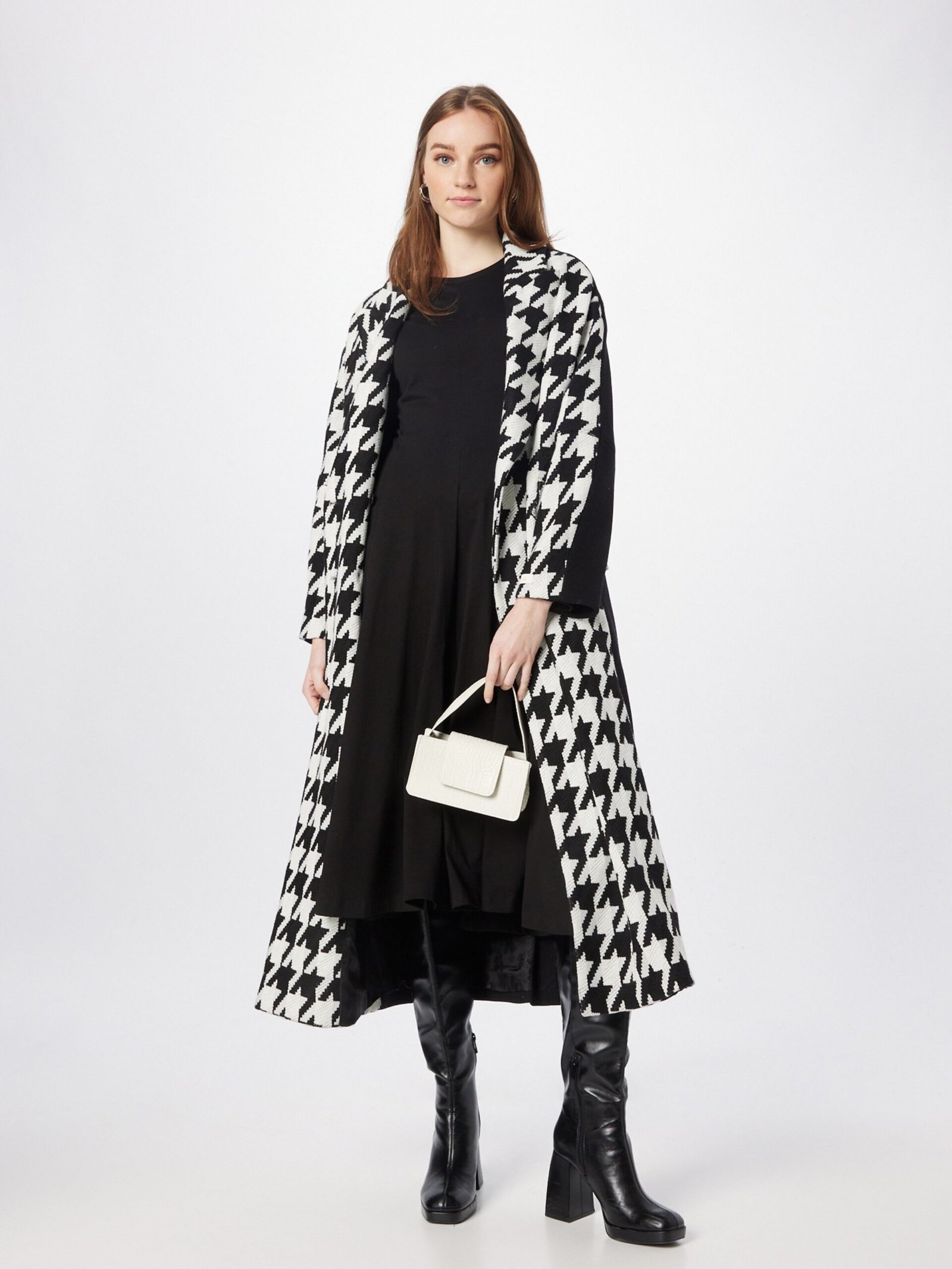 Black and white Wool Wrap Coat Over a Satin Midi Dress