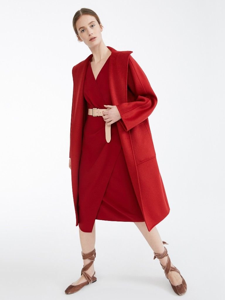 Red Wool Wrap Coat Over a Lace Midi Dress