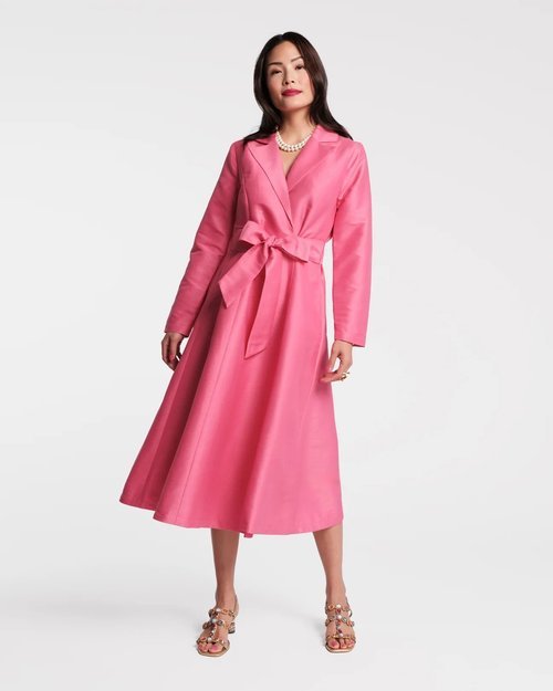 Pink Wool Wrap Coat Over a Chiffon Midi Dress