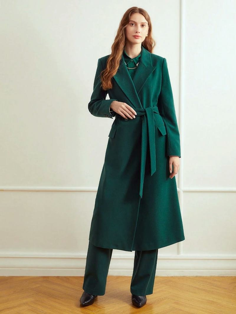 Green Wool Wrap Coat Over a Velvet Midi Dress