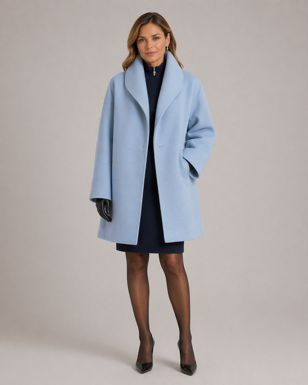 Blue Wool Wrap Coat Over a Satin Midi Dress
