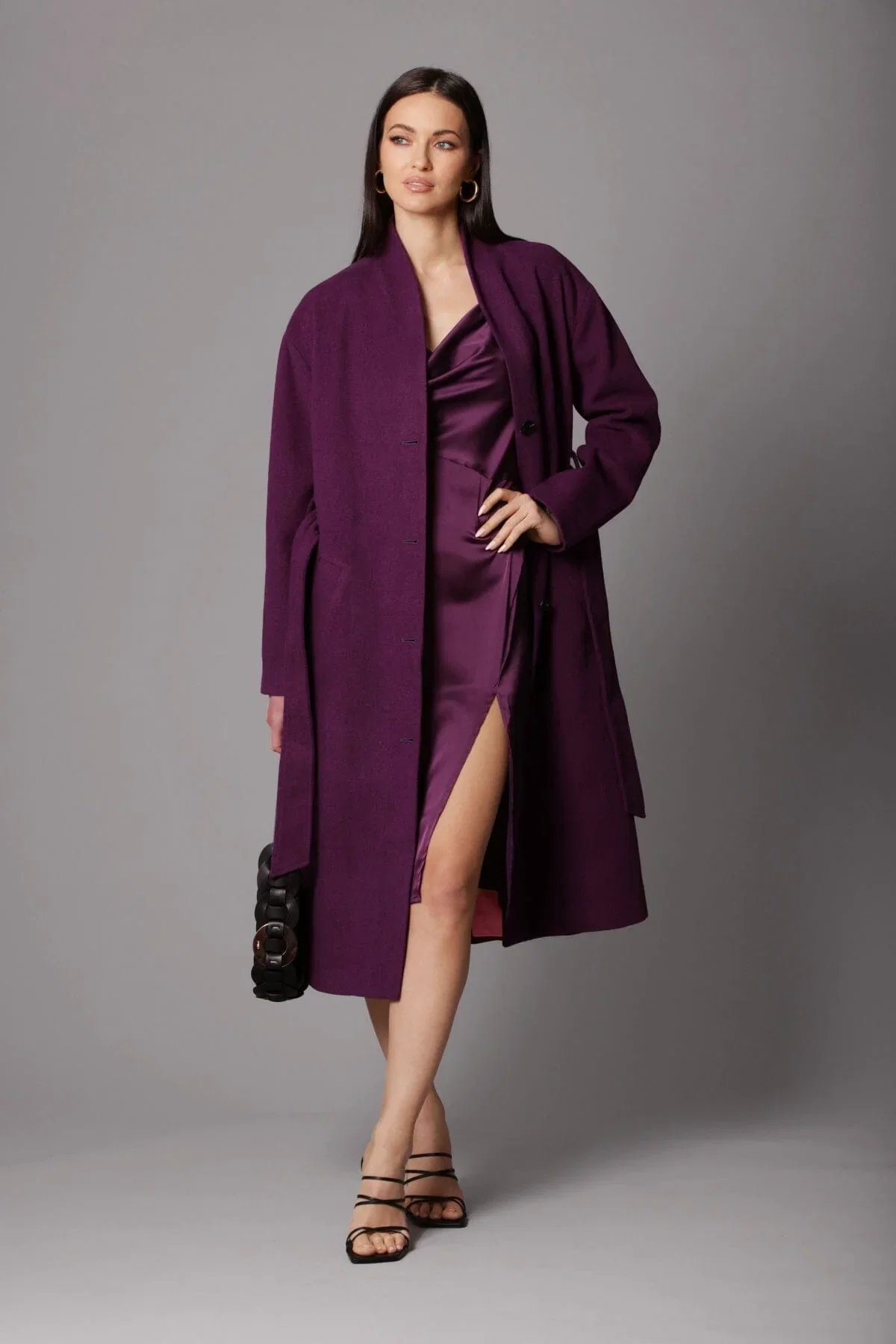 Purple Wool Wrap Coat Over a Pleated Midi Dress