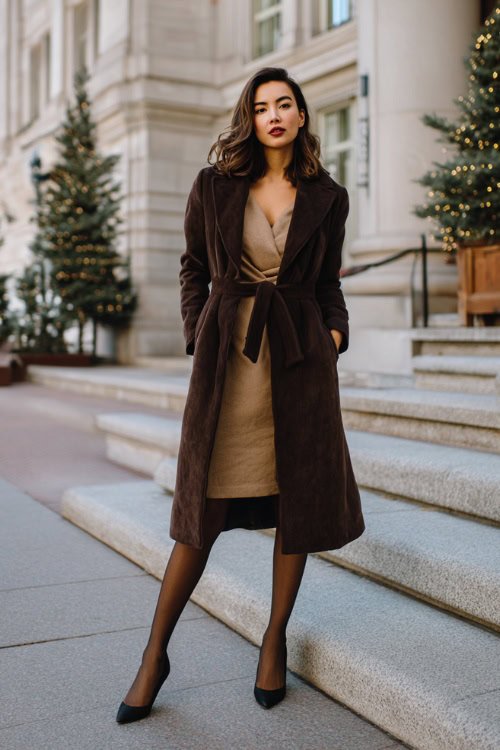 Brown Wool Wrap Coat Over a Lace Midi Dress