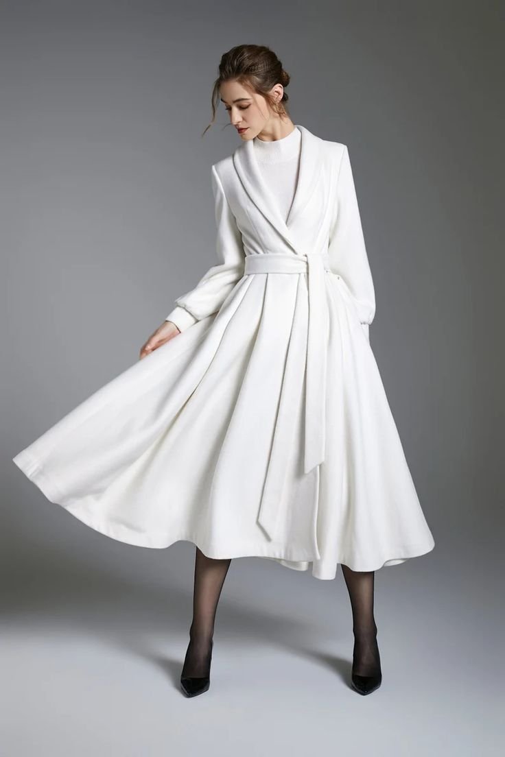 White Wool Wrap Coat Over a Satin Midi Dress