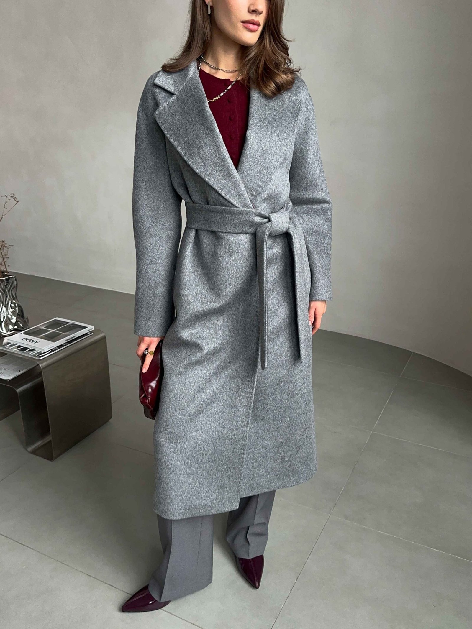 Grey Wool Wrap Coat Over a Chiffon Midi Dress